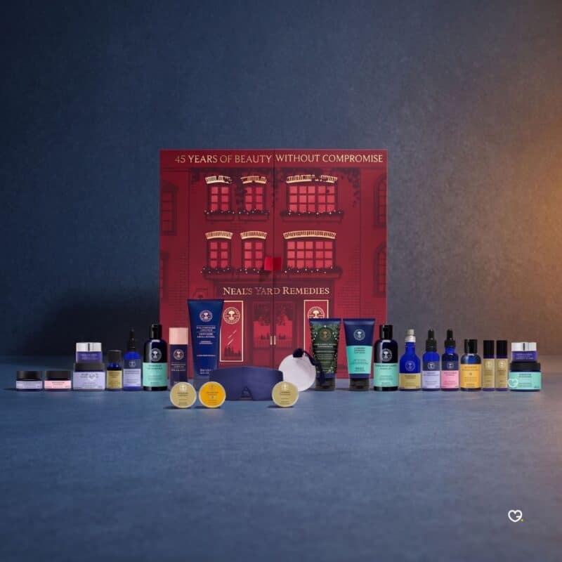 Full contents of the Neal's Yard Remedies Advent Calendar 2026, all 25 organic skincare and wellbeing products lined up