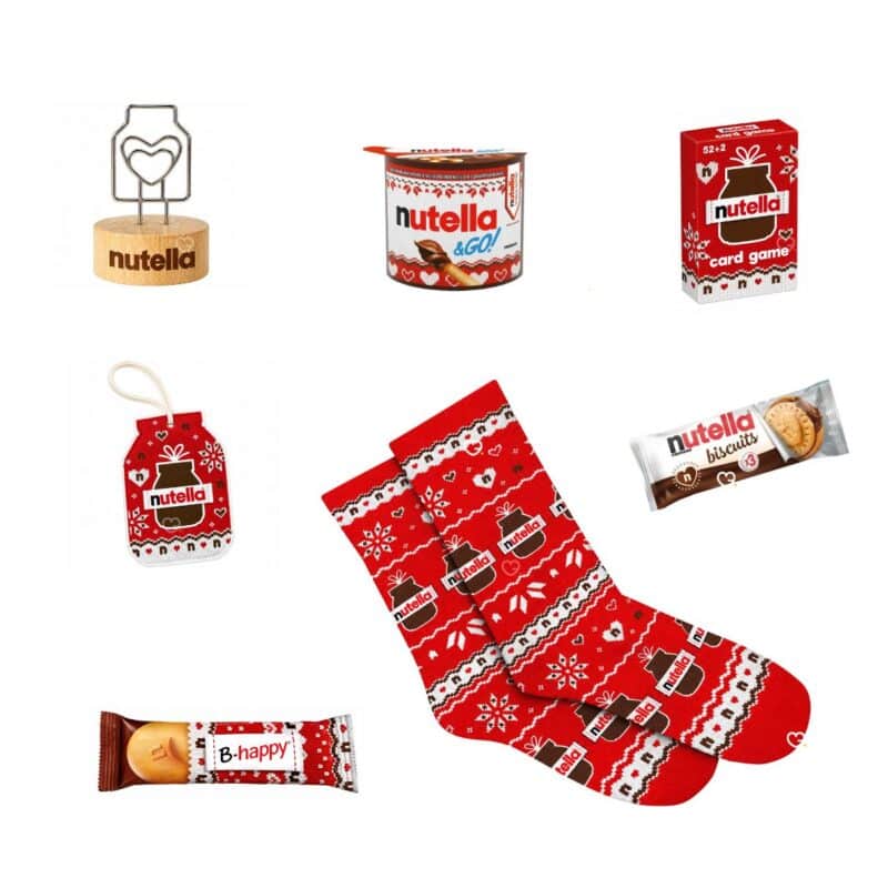The contents of the Nutella Advent Calendar 2026, treats and keepsakes laid out