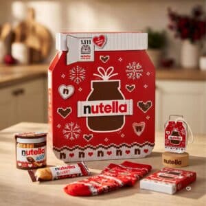 Nutella Advent Calendar 2026 jar-shaped box styled in a festive kitchen scene