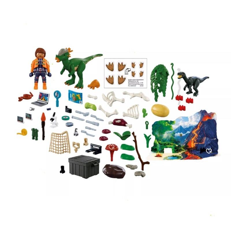 All 71 pieces of the Playmobil Expedition Dinosaurs 72225 advent calendar laid out