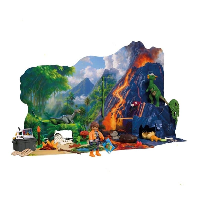 Playmobil Expedition Dinosaurs 72225 assembled volcano and jungle diorama scene