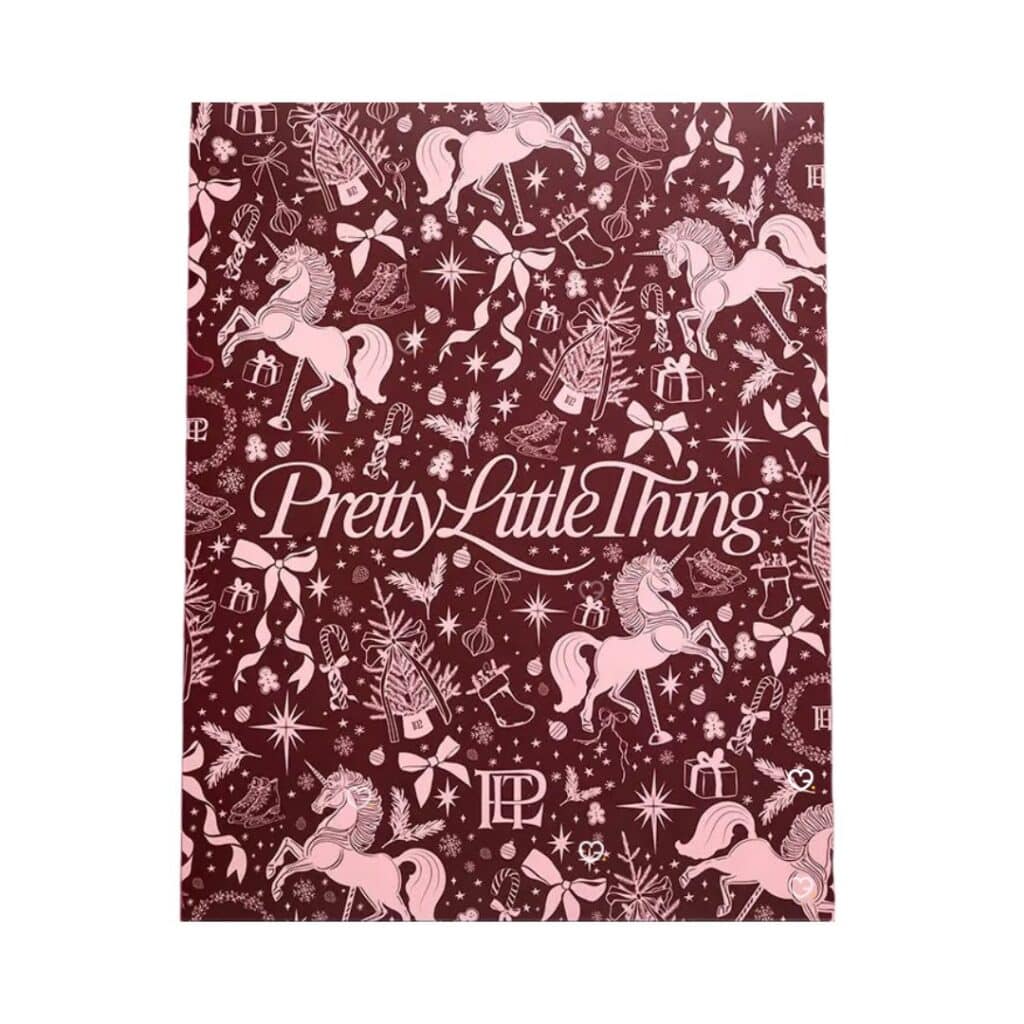 PrettyLittleThing Beauty Advent Calendar 2026 closed burgundy and pink carousel box with gold PLT logo