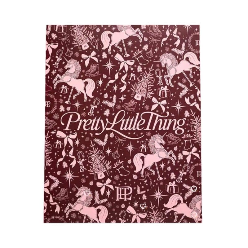 PrettyLittleThing Beauty Advent Calendar 2026 closed burgundy and pink carousel box with gold PLT logo