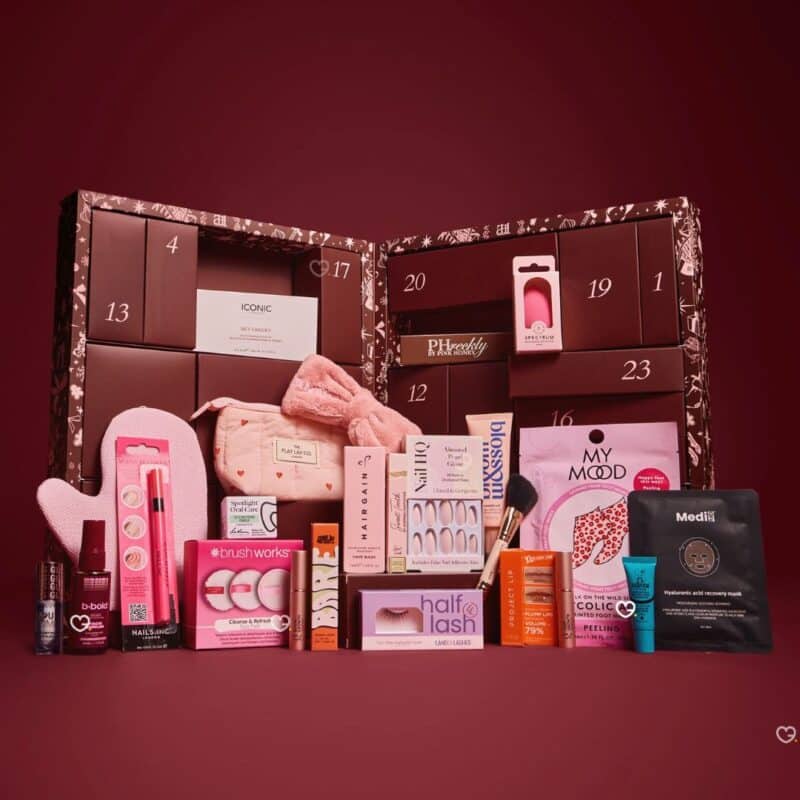 PrettyLittleThing Beauty Advent Calendar 2026 full contents laid out, 24 make-up, skincare and fragrance products