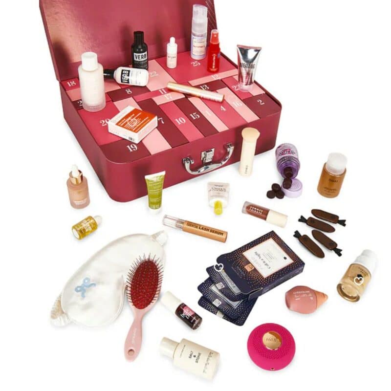 Open Revolve advent calendar 2026 showing the unpacked beauty products