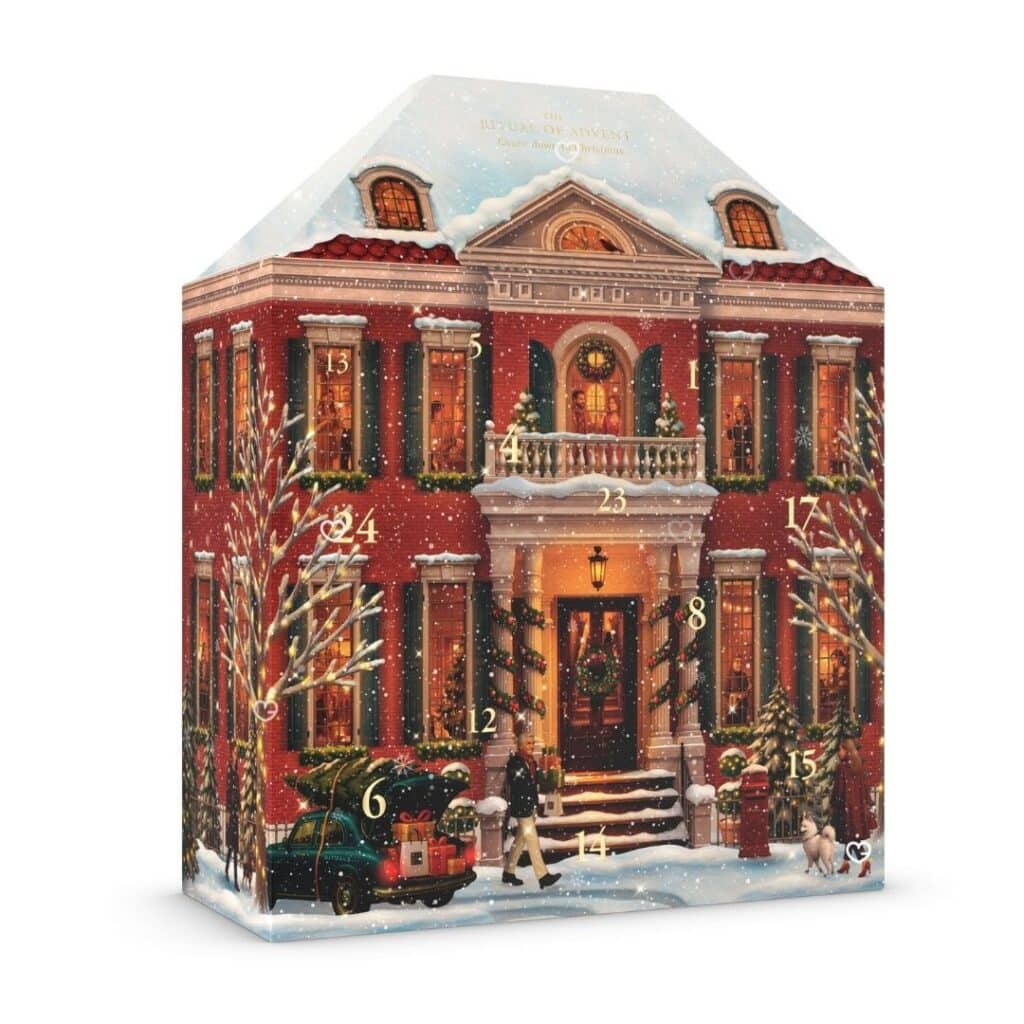 Rituals Advent Calendar 2026 townhouse box closed, red brick design with snow and lit windows