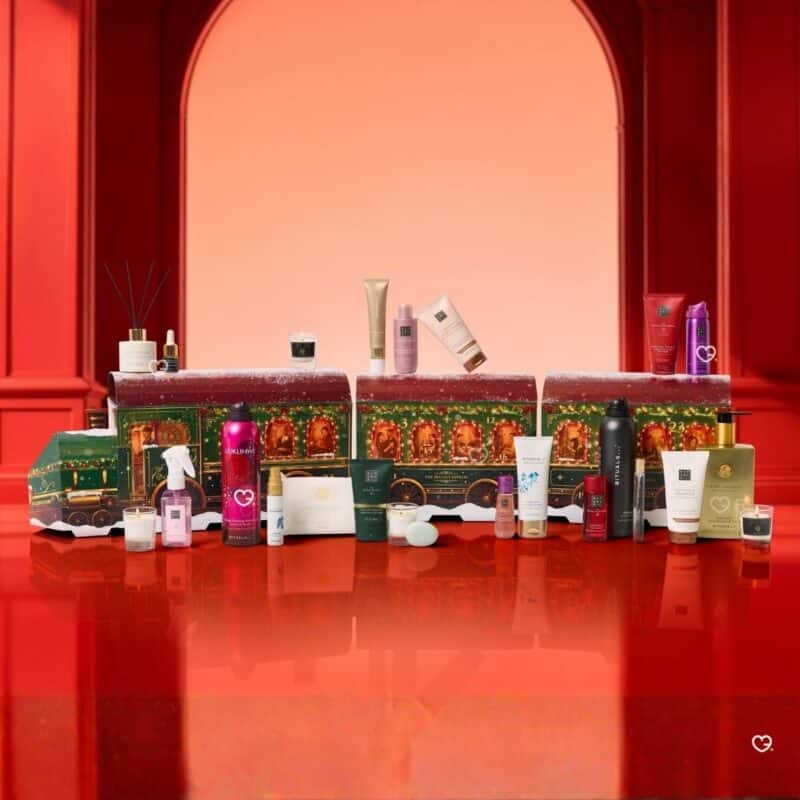 Rituals Premium Advent Calendar 2026 all 24 products displayed around the train