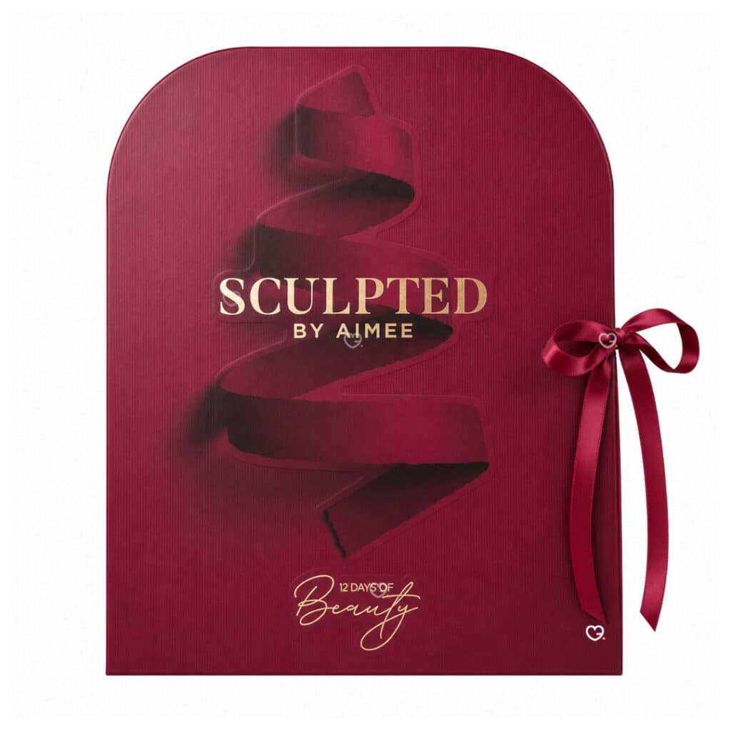 Sculpted By Aimee Advent Calendar 2026 closed burgundy box with satin ribbon tree