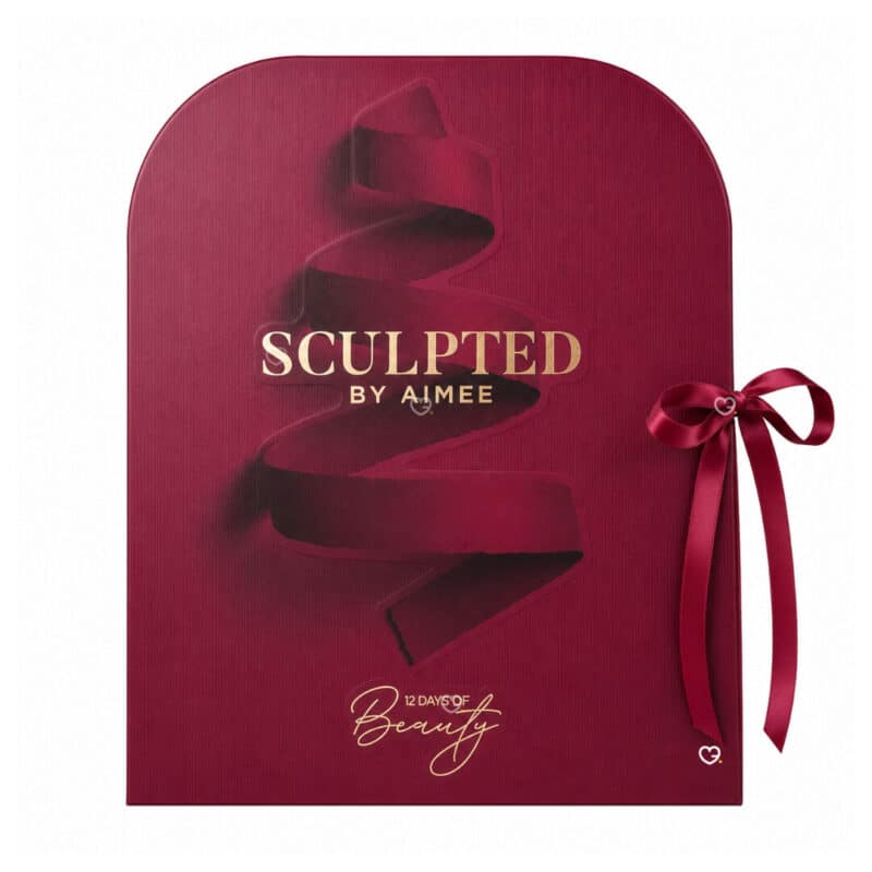 Sculpted By Aimee Advent Calendar 2026 closed burgundy box with satin ribbon tree