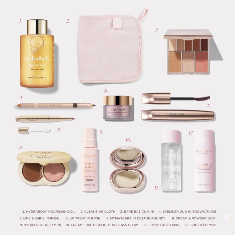 Sculpted By Aimee Advent Calendar 2026 flatlay of the 12 full-size and mini beauty products