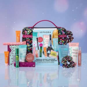 Sephora Collection Premium beauty advent calendar 2026 sequin case with its 24 own-brand products displayed