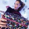 Reusable sequin vanity case from the Sephora Collection Premium advent calendar 2026 held as a make-up bag