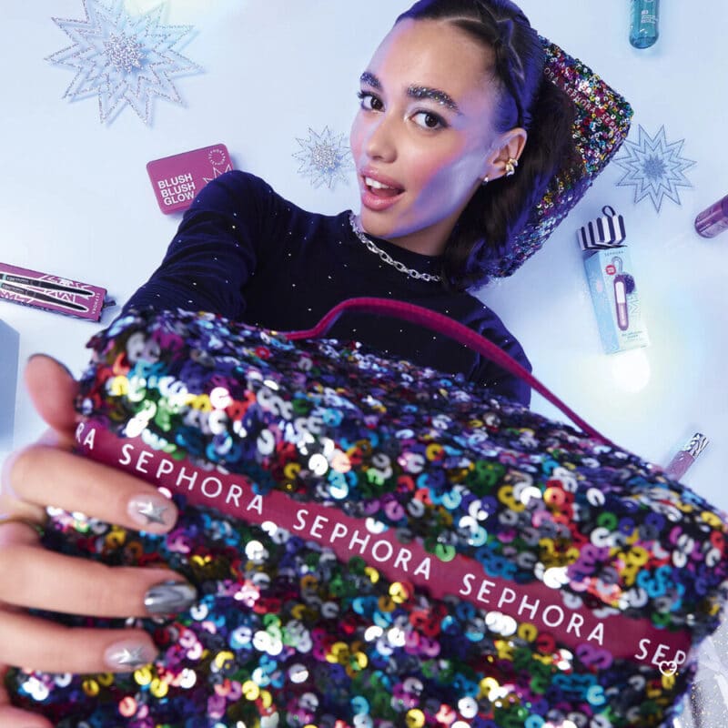 Reusable sequin vanity case from the Sephora Collection Premium advent calendar 2026 held as a make-up bag