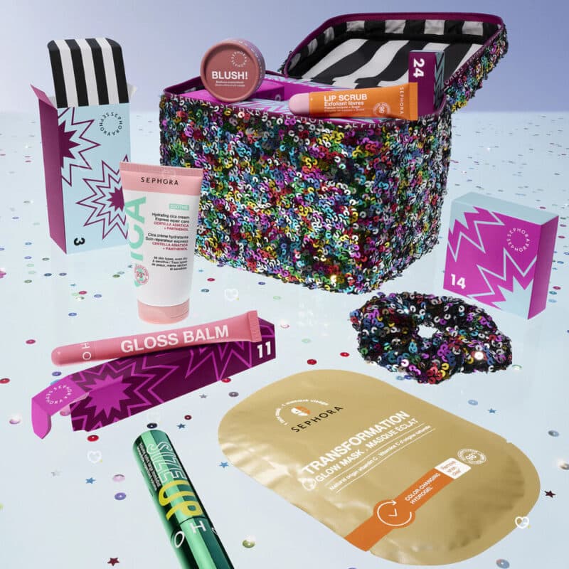 Open doors of the Sephora Collection Premium advent calendar 2026 showing the Gloss Balm and a glow mask