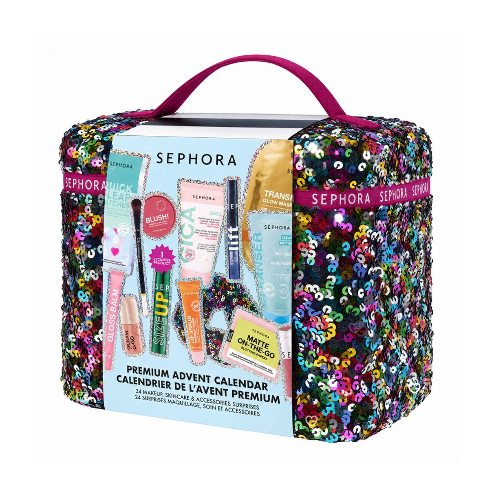 Sephora Collection Premium Advent Calendar 2026 rainbow sequin vanity case with a pink satin handle