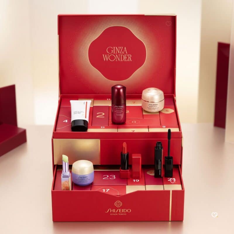 Shiseido Advent Calendar 2026 open, Ginza Wonder box with skincare and make-up on display