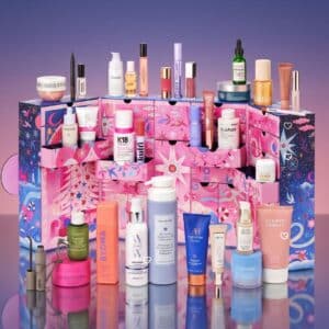 Space NK Advent Calendar 2026 open with its beauty products on a purple backdrop