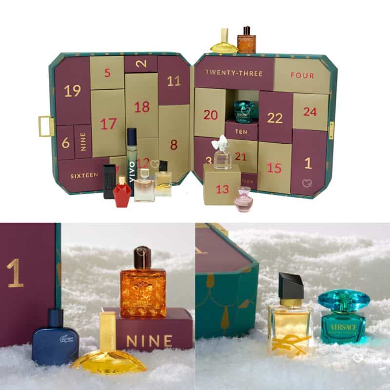 The Perfume Shop Advent Calendar 2026 designer fragrance minis in a festive snow setting