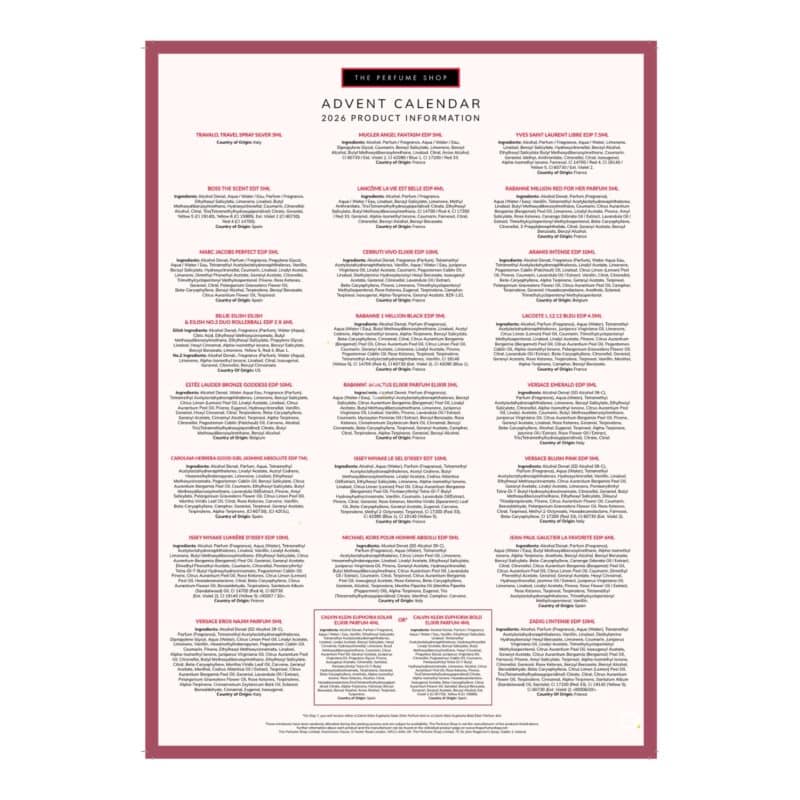 The Perfume Shop Advent Calendar 2026 full product information sheet for the 24 doors