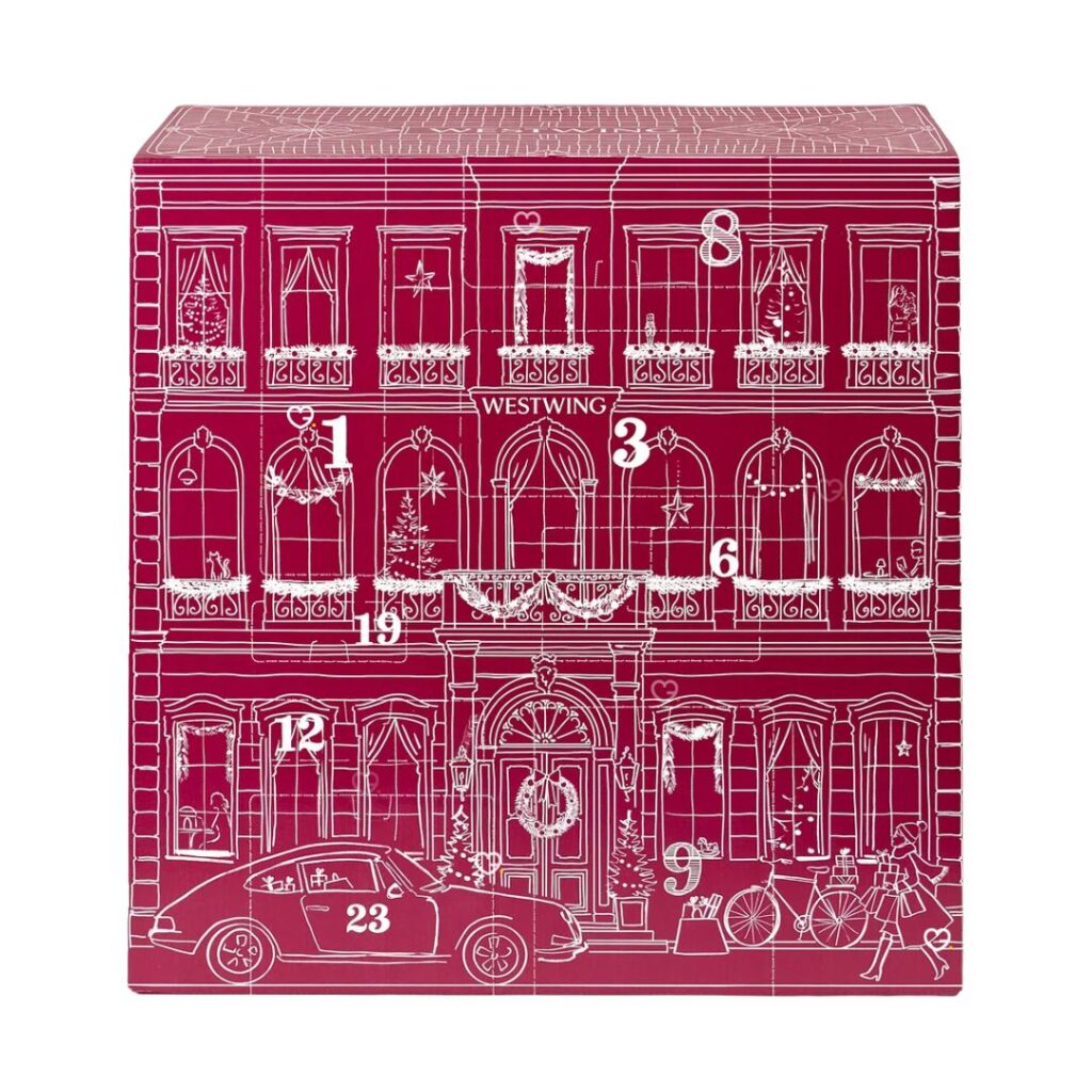 Westwing Advent Calendar 2026 bordeaux box with a white Parisian townhouse design and 24 doors