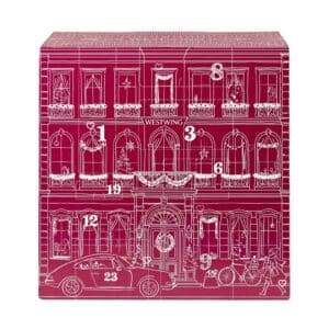 Westwing Advent Calendar 2026 bordeaux box with a white Parisian townhouse design and 24 doors