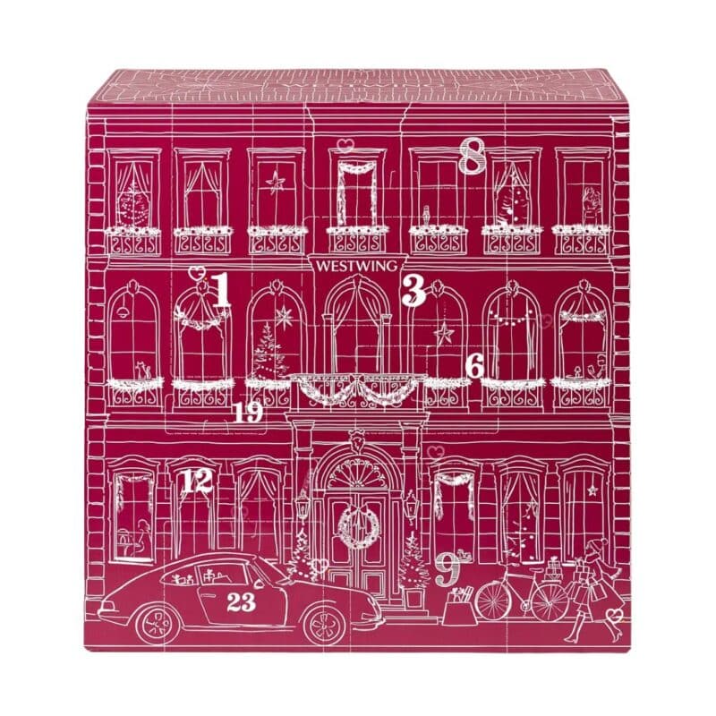 Westwing Advent Calendar 2026 bordeaux box with a white Parisian townhouse design and 24 doors