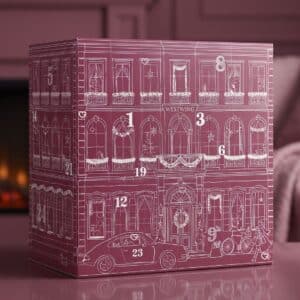 Westwing Advent Calendar 2026 XXL box styled in a pink living room by the fireplace