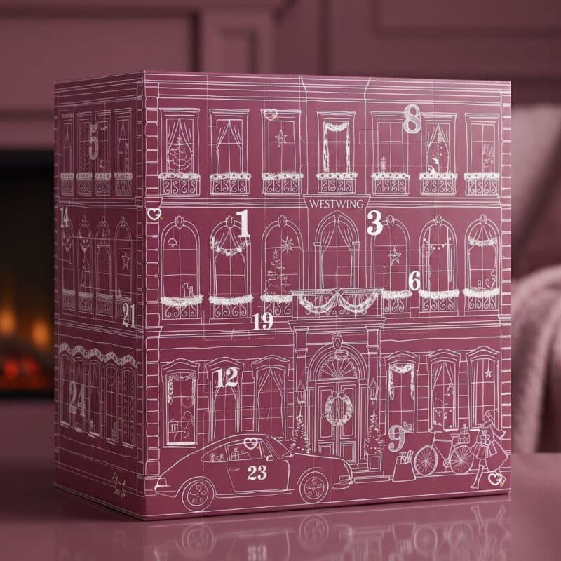 Westwing Advent Calendar 2026 XXL box styled in a pink living room by the fireplace