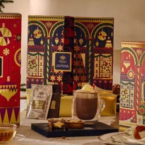 Whittard Hot Chocolate Advent Calendar 2026 styled with a mug of hot chocolate and a sachet