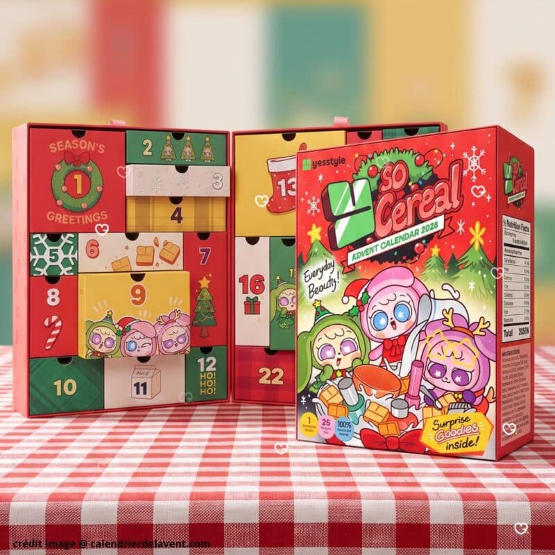 YesStyle Y So Cereal advent calendar 2026 in a festive Christmas scene