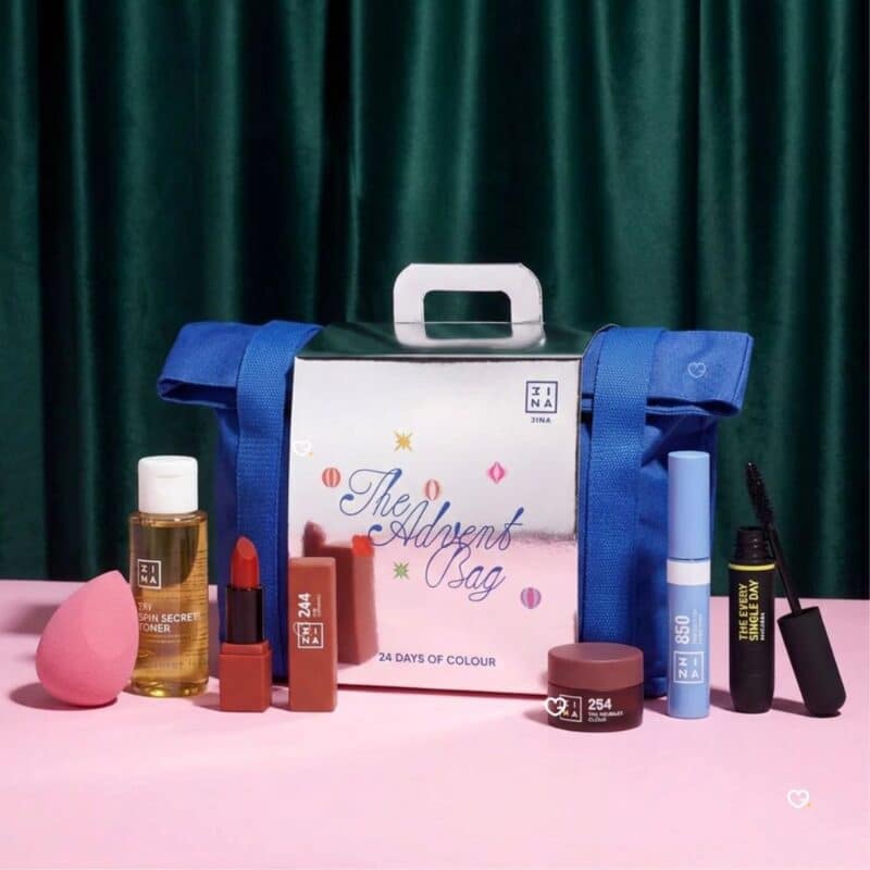 3INA Advent Calendar 2026 silver box with the makeup laid out in front