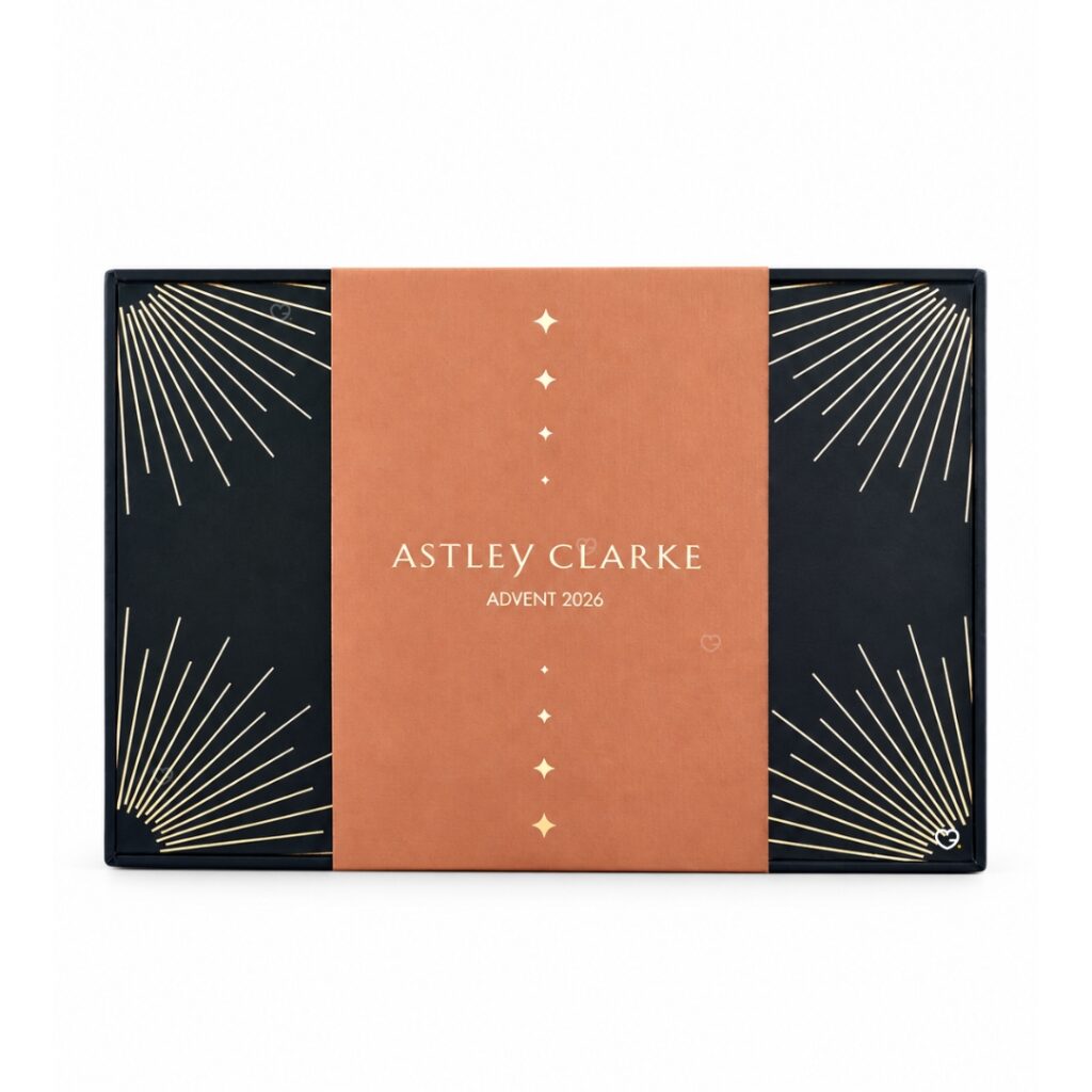 Astley Clarke Advent Calendar 2026 closed box with navy and copper sleeve