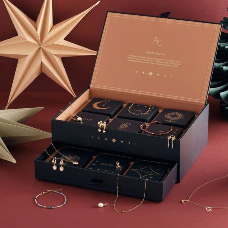 Open Astley Clarke jewellery advent calendar 2026 showing all 12 drawers