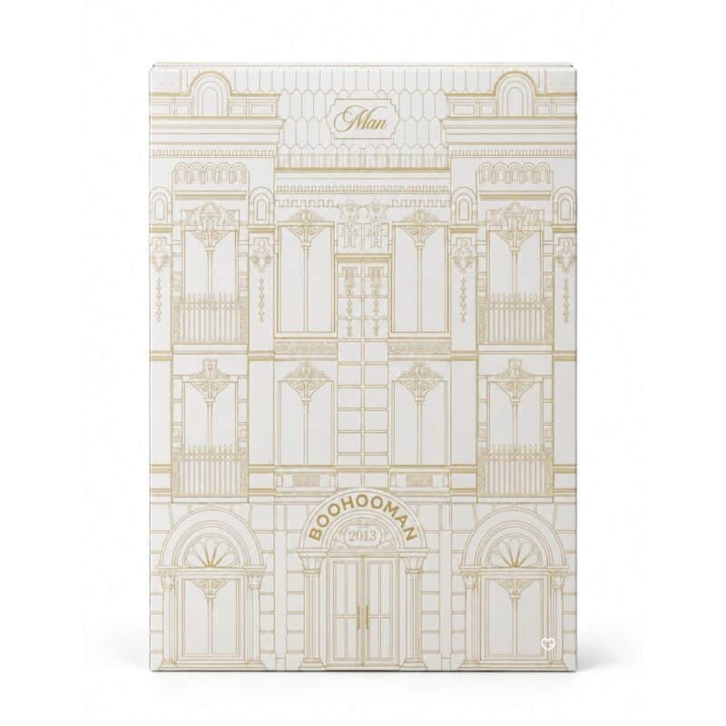 BoohooMAN Advent Calendar 2026 closed box with white and gold shopfront design