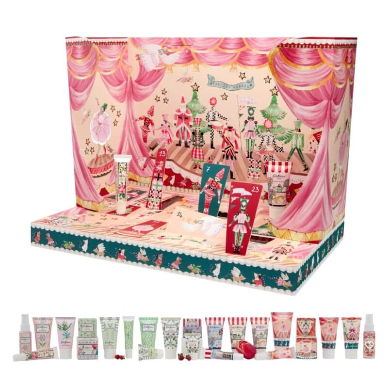Cath Kidston Advent Calendar 2026 pop-up theatre with the door cards standing and the Joy Makers banner on the beauty calendar