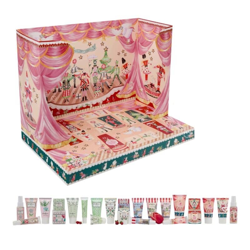 Cath Kidston Advent Calendar 2026 pop-up theatre seen three-quarters with the 24 numbered compartments of the advent calendar for women