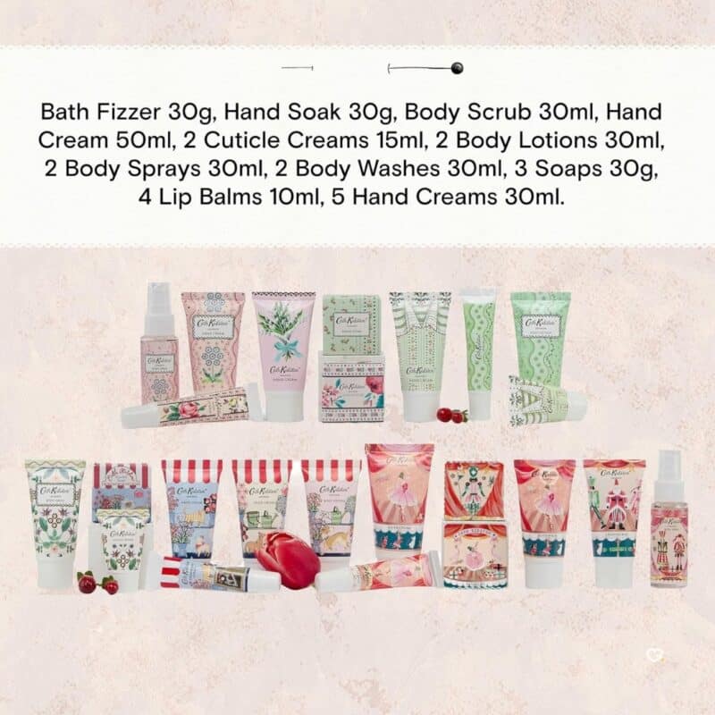 Cath Kidston Advent Calendar 2026 spoiler, all 24 products laid out with hand creams, lip balms, soaps and body lotions detailed