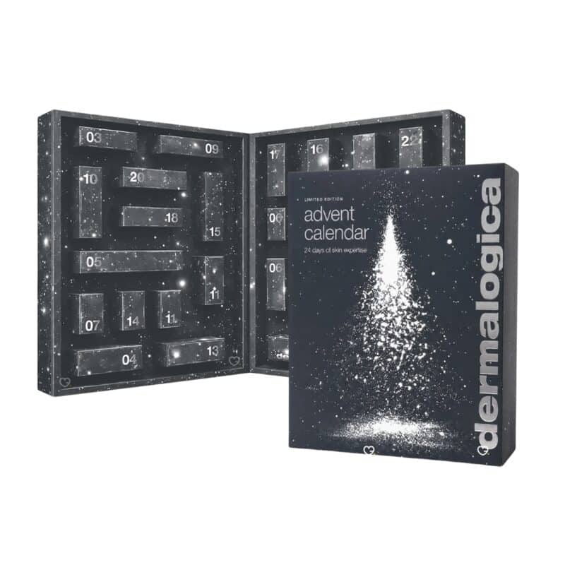 Dermalogica Advent Calendar 2026 box beside the opened 24-door tray