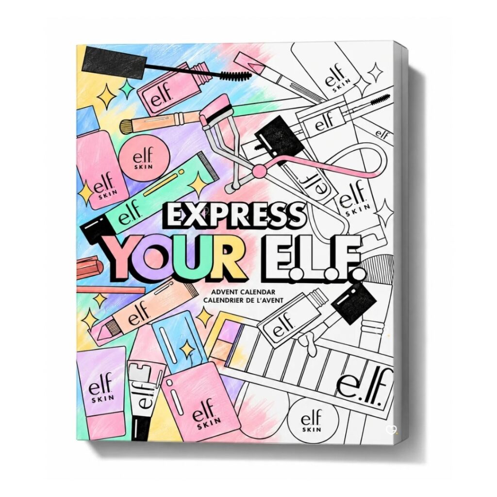 e.l.f. Cosmetics Advent Calendar 2026 box, the colour-in line-art Express Your e.l.f. design