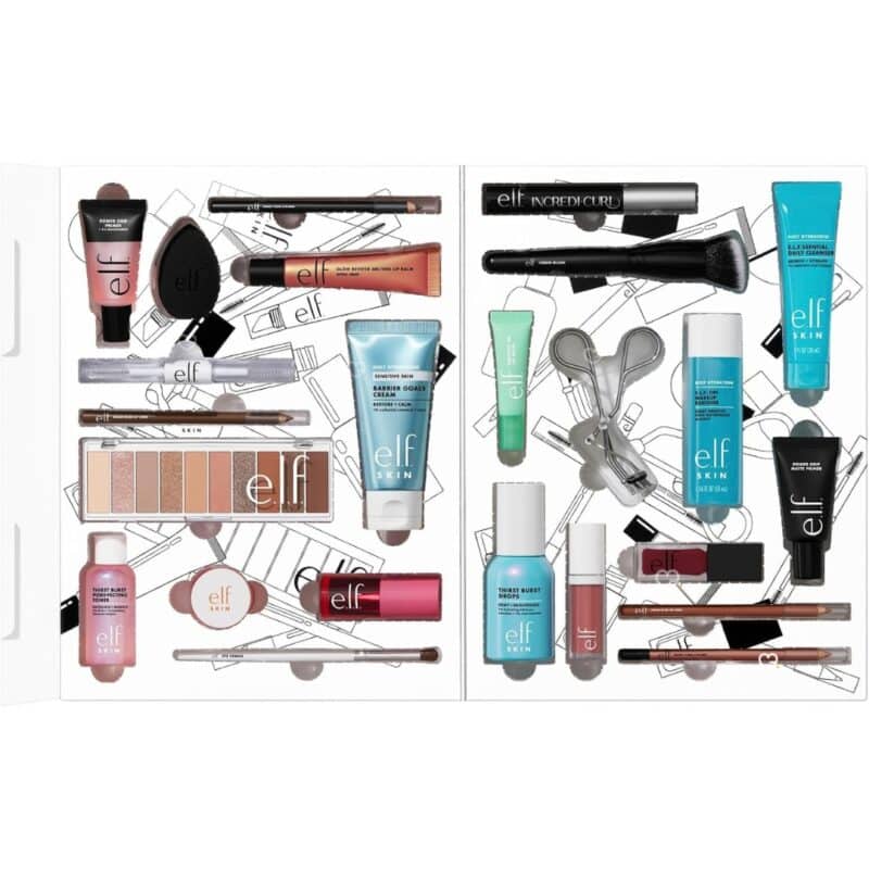 e.l.f. Cosmetics Advent Calendar 2026 full contents across the line-art spread