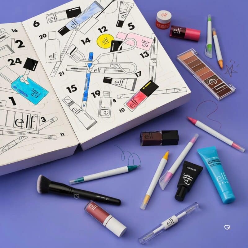 e.l.f. Cosmetics Advent Calendar 2026 open with all 24 beauty products displayed