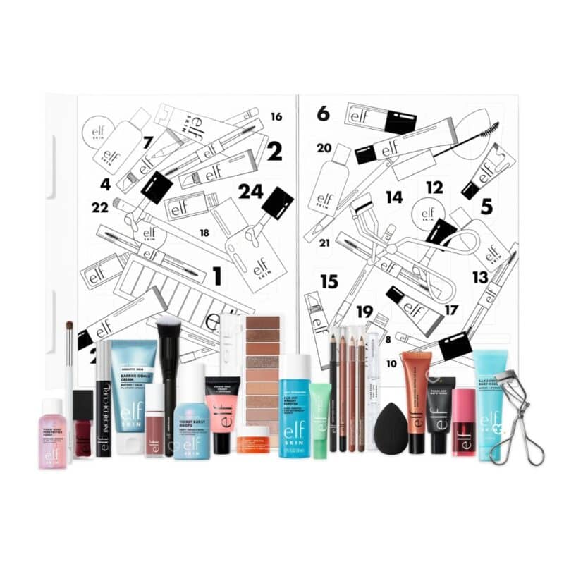 e.l.f. Cosmetics Advent Calendar 2026 standing with its 18 full-size products lined up