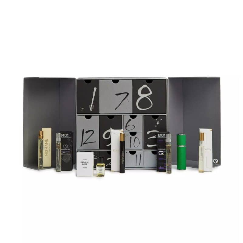 Harvey Nichols luxury advent calendar 2026 contents lined up on a white background