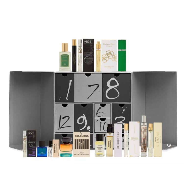 Harvey Fragrance Advent Calendar 2026 open box with all 15 fragrance products