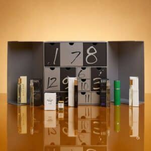Harvey Fragrance Advent Calendar 2026 open with numbered drawers and bottles on a gold backdrop