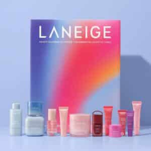 Laneige 12 Days of Wonder advent calendar box with the twelve products displayed