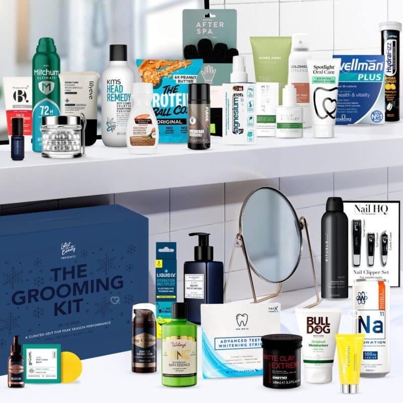 Latest in Beauty Grooming Advent Calendar 2026 products styled on bathroom shelves, a grooming advent calendar
