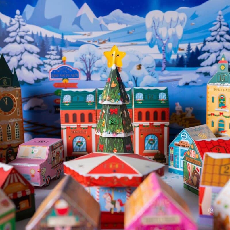 Close-up of the Legami Advent Calendar 2026 houses and Christmas tree