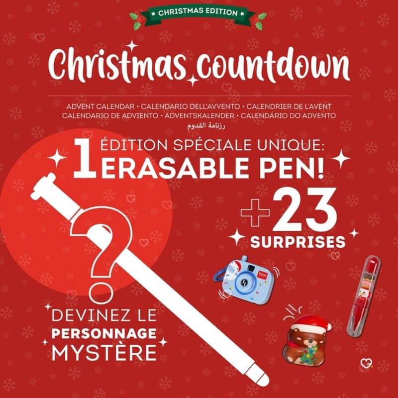 Legami Advent Calendar 2026 stationery objects: camera, sharpener, erasable pen and squishies