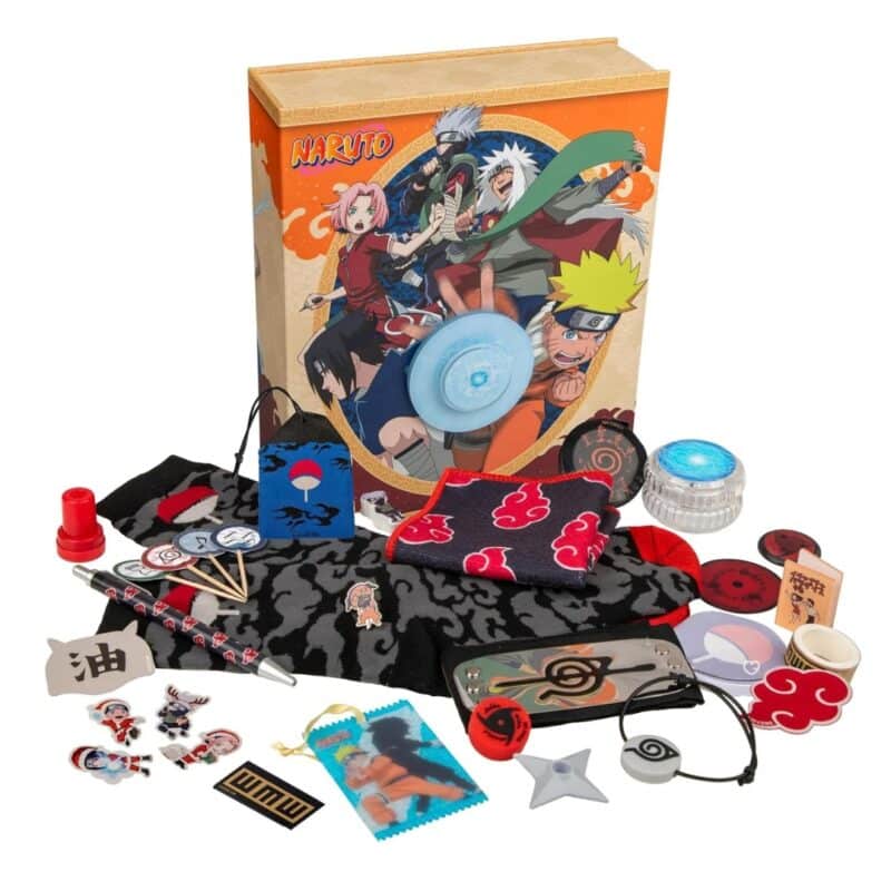 Naruto Cinereplicas advent calendar 2026 full contents laid out, headband and omamori pouch